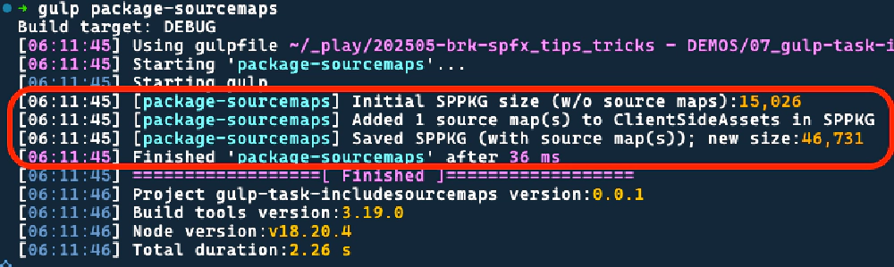 Output from the custom gulp task 'package-sourcemaps' Output from the custom gulp task 'package-sourcemaps'