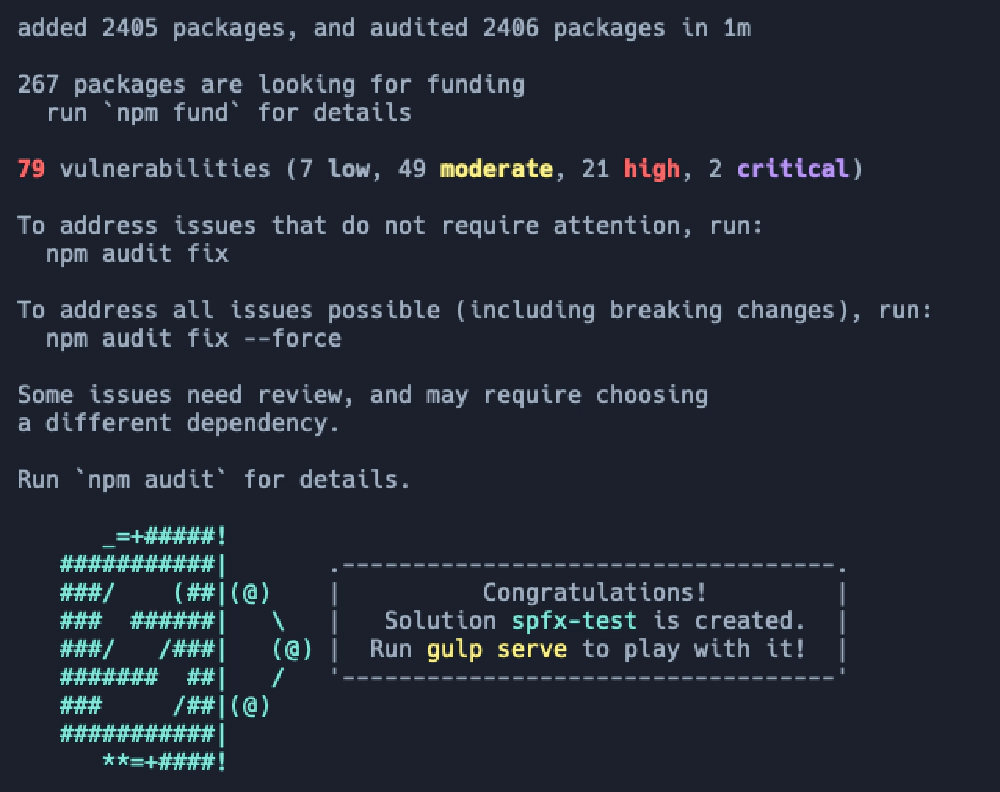 Result of npm install after creating a brand new SPFx v1.21.1 project with a single React-based web part Result of npm install after creating a brand new SPFx v1.21.1 project with a single React-based web part