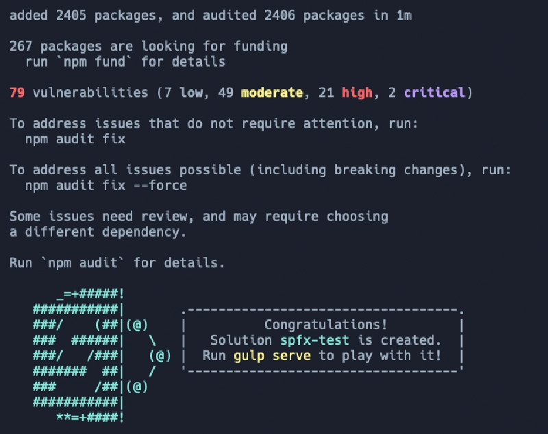 Result of npm install after creating a brand new SPFx v1.21.1 project with a single React-based web part Result of npm install after creating a brand new SPFx v1.21.1 project with a single React-based web part