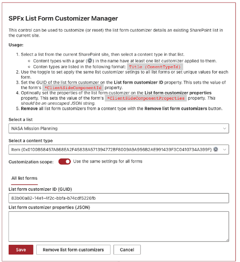 SPFx list form customizer manager web part
