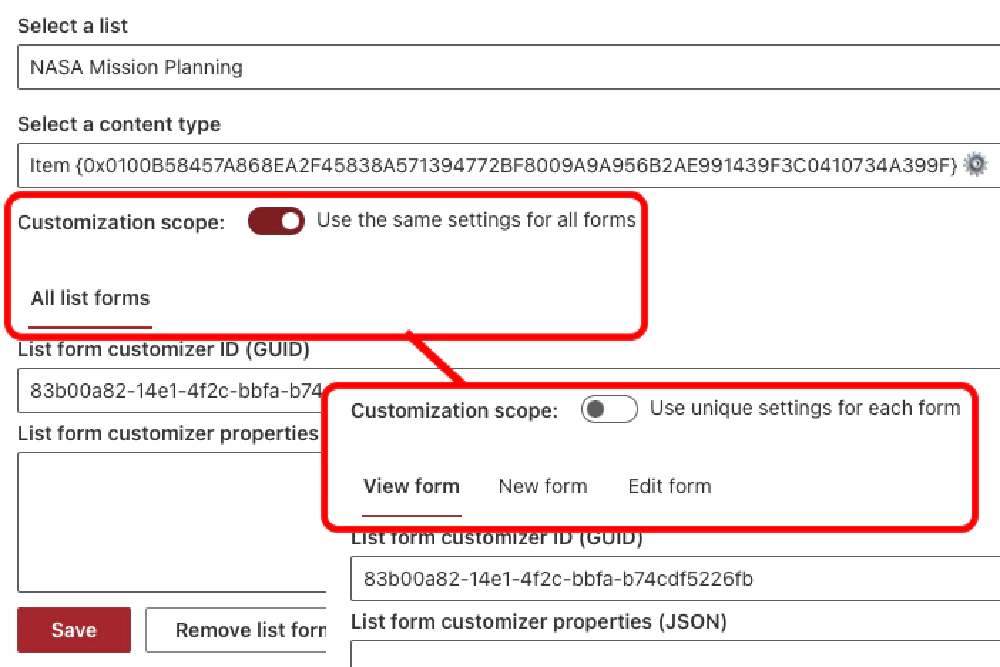 Options to apply form customization changes to all forms or specific form