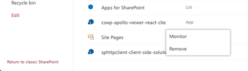 Context menu for items on the Site Contents page Context menu for items on the Site Contents page