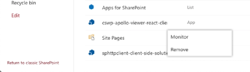 Context menu for items on the Site Contents page