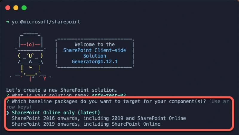 SharePoint Framework generator prompting for the target environment