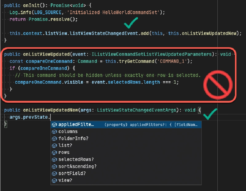Figure 4: Comparing the old vs. the new way of handling list view events to get additional context Figure 4: Comparing the old vs. the new way of handling list view events to get additional context
