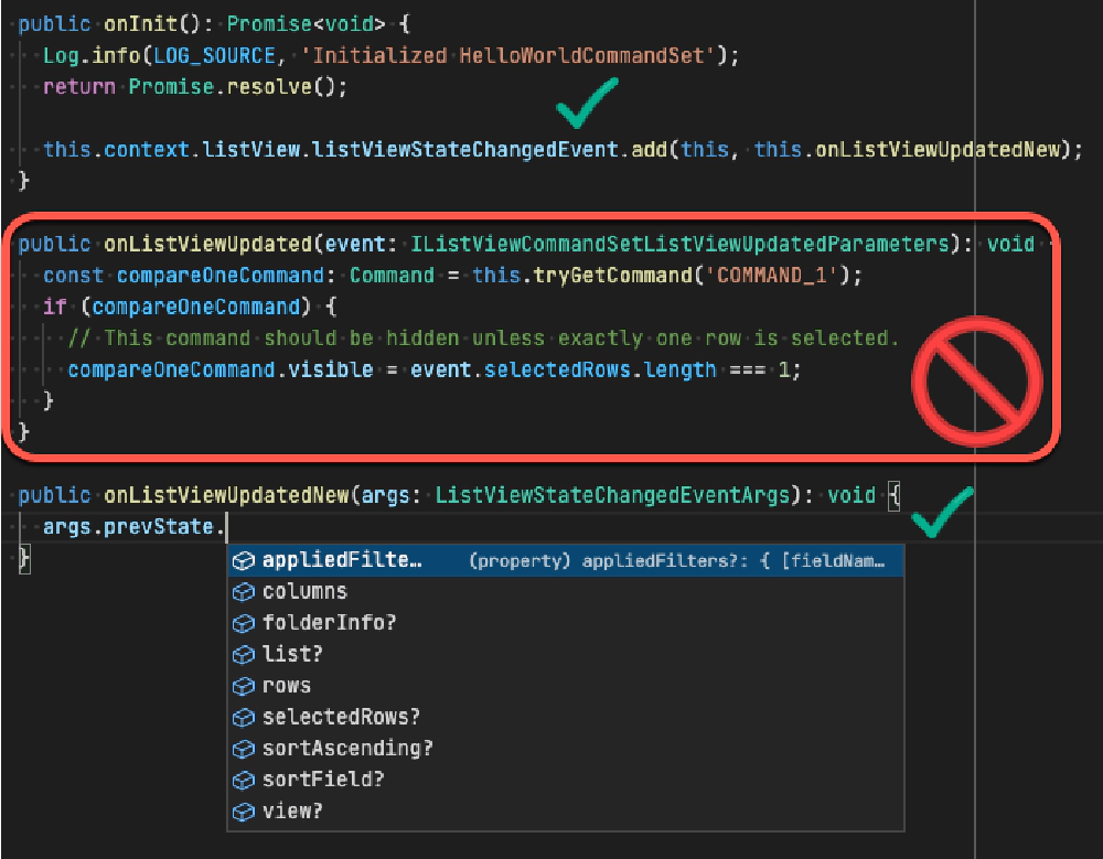 Figure 4: Comparing the old vs. the new way of handling list view events to get additional context Figure 4: Comparing the old vs. the new way of handling list view events to get additional context