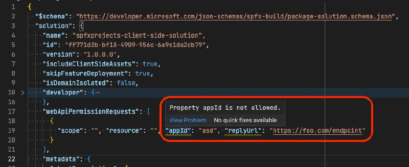 Validation error with package-solution.json Validation error with package-solution.json