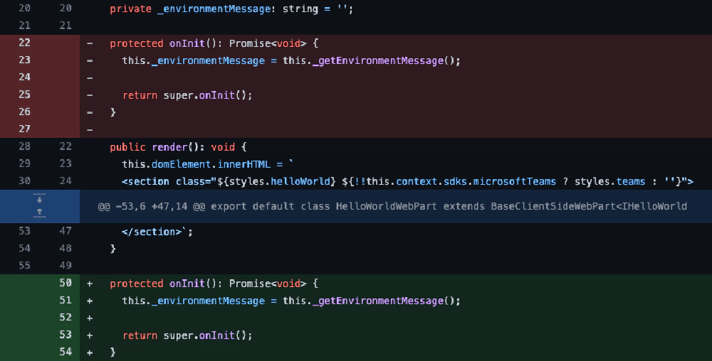 Code diff showing `onInit()` moved to come after `render()` for all new web parts, including the minimal, no framework and React template options. Code diff showing `onInit()` moved to come after `render()` for all new web parts, including the minimal, no framework and React template options.