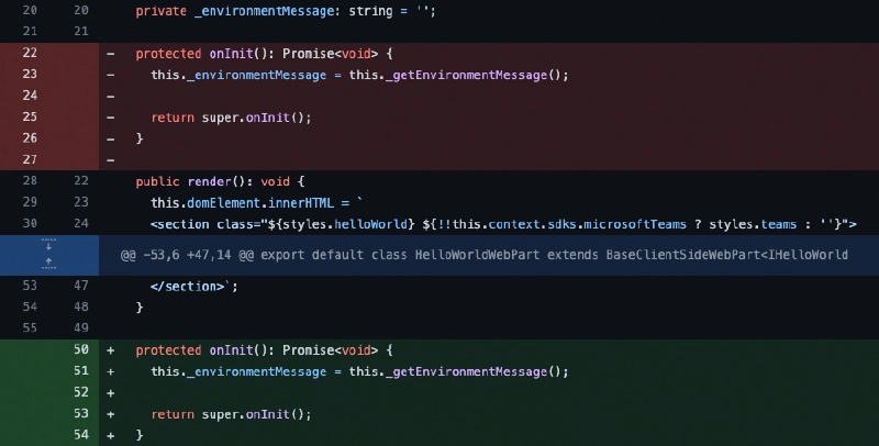 Code diff showing `onInit()` moved to come after `render()` for all new web parts, including the minimal, no framework and React template options.