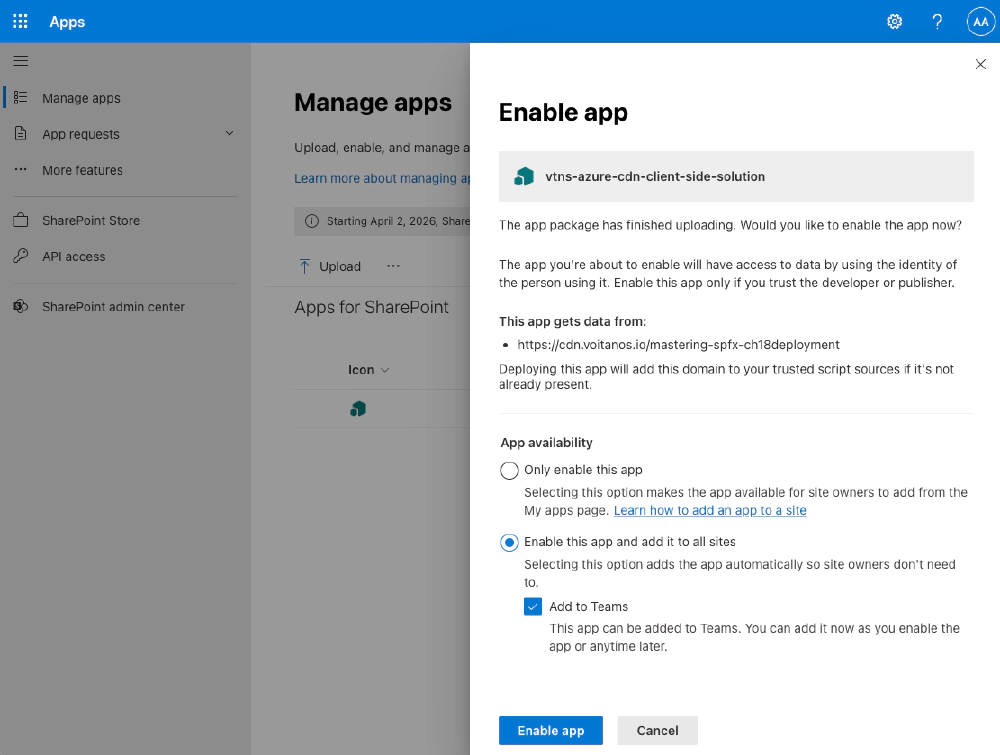 Updated Enable App dialog when uploading a new/updated SharePoint solution package displaying the impact to the SPO support for CSP. Updated Enable App dialog when uploading a new/updated SharePoint solution package displaying the impact to the SPO support for CSP.