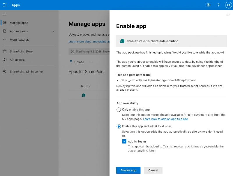 Updated Enable App dialog when uploading a new/updated SharePoint solution package displaying the impact to the SPO support for CSP. Updated Enable App dialog when uploading a new/updated SharePoint solution package displaying the impact to the SPO support for CSP.