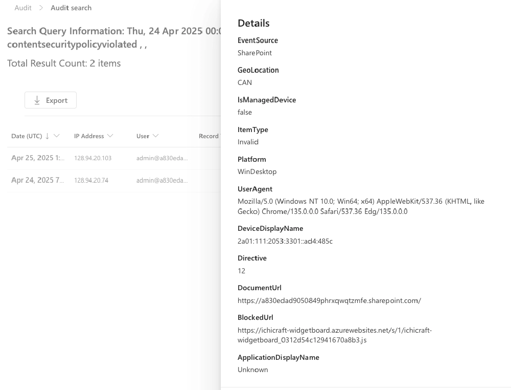 Detail view on a specific CSP violation Detail view on a specific CSP violation