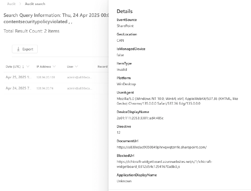 Detail view on a specific CSP violation Detail view on a specific CSP violation