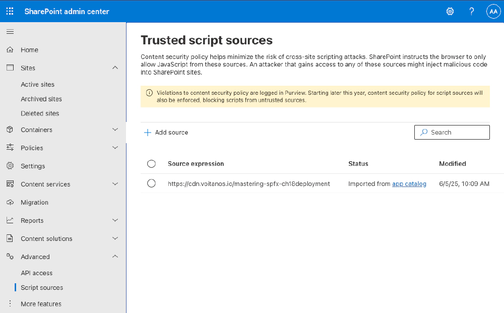 The new Trusted Script Sources page in the SharePoint Admin Center The new Trusted Script Sources page in the SharePoint Admin Center