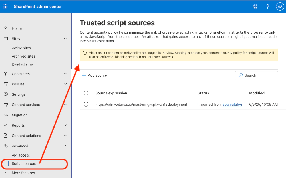 Find the Trusted Script Sources page in the SharePoint Admin Center from the Script Sources navigation item under the Advanced grouping. Find the Trusted Script Sources page in the SharePoint Admin Center from the Script Sources navigation item under the Advanced grouping.