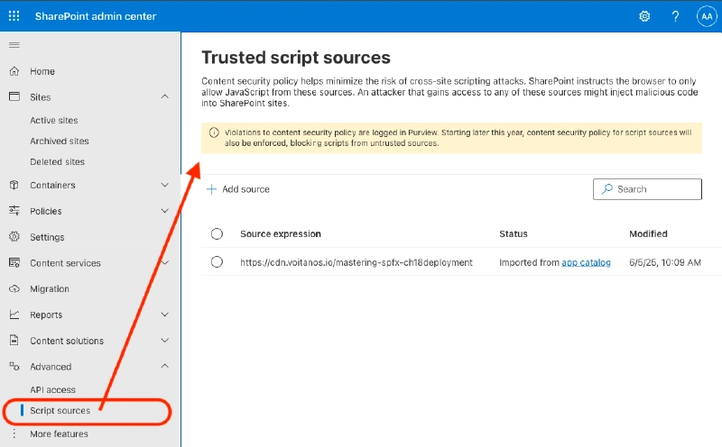 Find the Trusted Script Sources page in the SharePoint Admin Center from the Script Sources navigation item under the Advanced grouping. Find the Trusted Script Sources page in the SharePoint Admin Center from the Script Sources navigation item under the Advanced grouping.