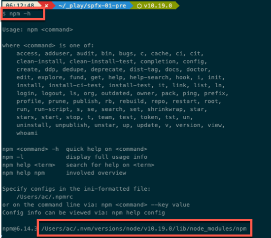 Output from running **npm -h** on MacOS with an NVM-managed Node.js v10.19.0 installation Output from running **npm -h** on MacOS with an NVM-managed Node.js v10.19.0 installation