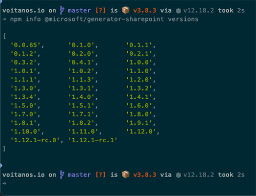 Output from NPM INFO VERSIONS
