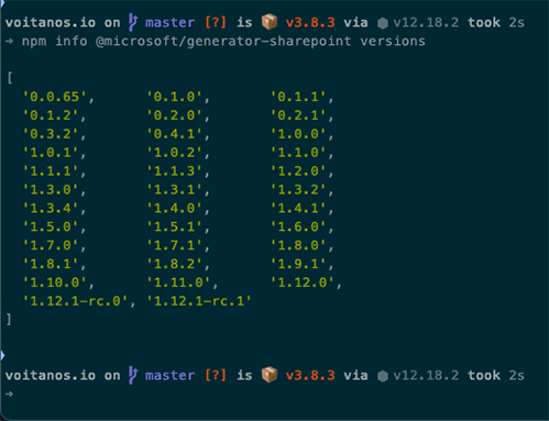 Output from NPM INFO VERSIONS Output from NPM INFO VERSIONS