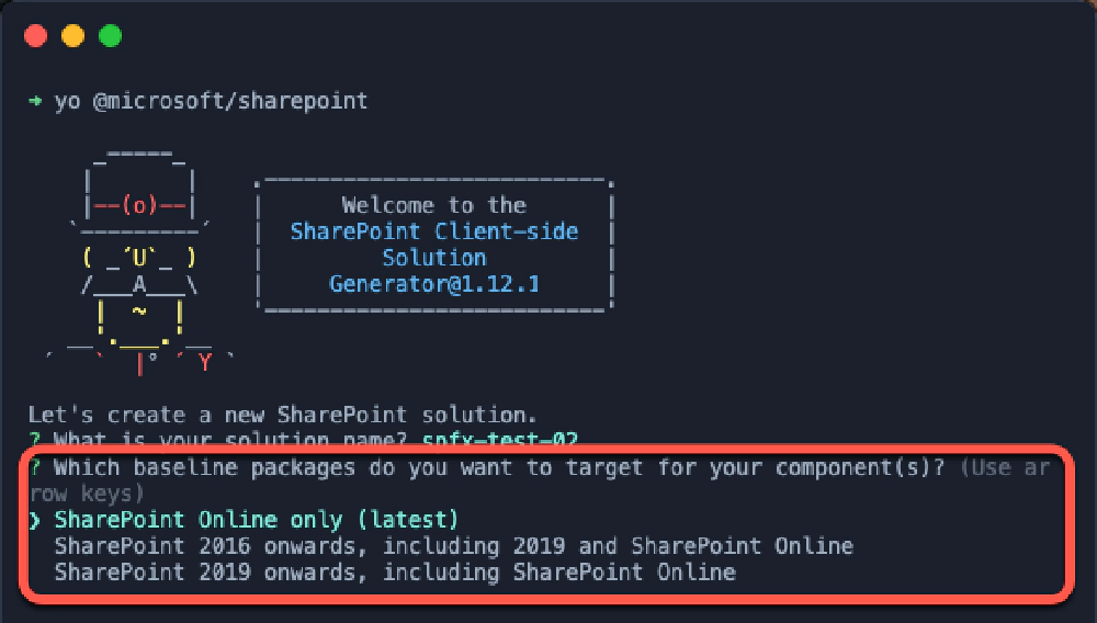 SharePoint Framework generator prompting for the target environment