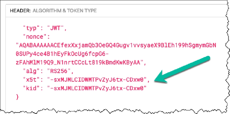 JWT token header decoded on jwt.io showing the kid and x5t properties