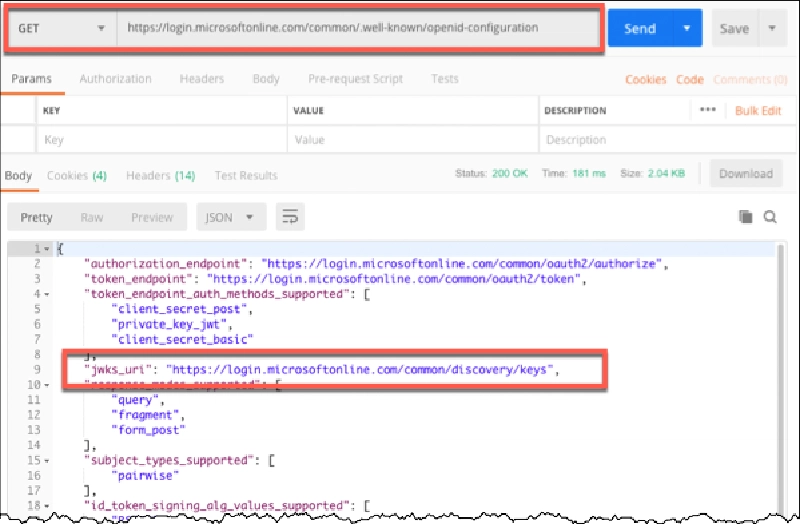 Results of a request for the OpenID configuration with Postman