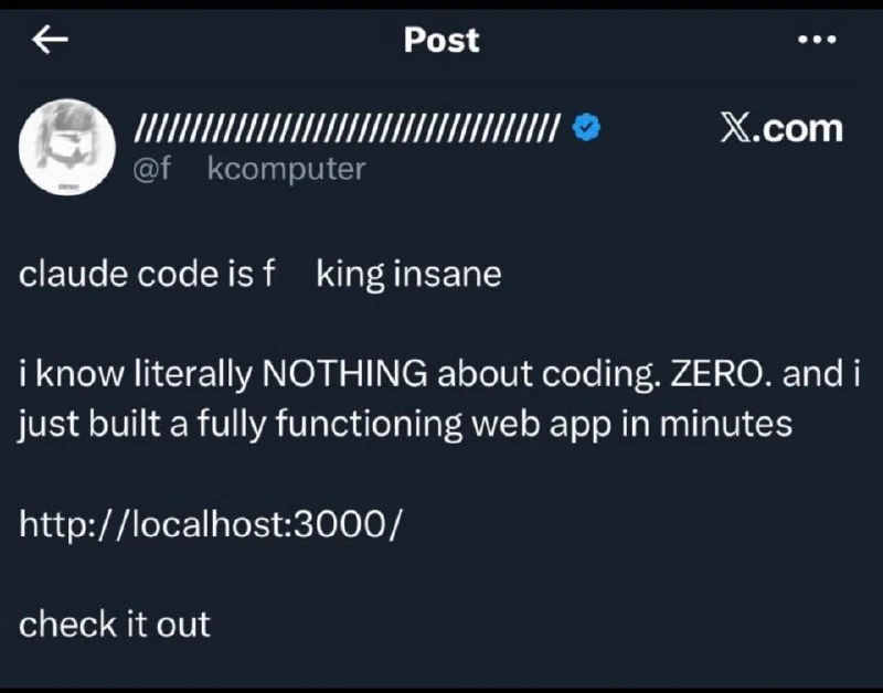 Screenshot of a tweet where a sales representative claims to have vibe coded a working web app without engineering help, illustrating the gap between vibe coding hype and production-grade engineering
